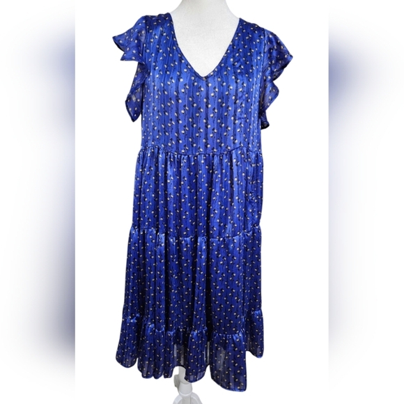CES FEMME Satin flowy ruffle layered ditsy flower print dress in Blue. Size 4 - Picture 1 of 11